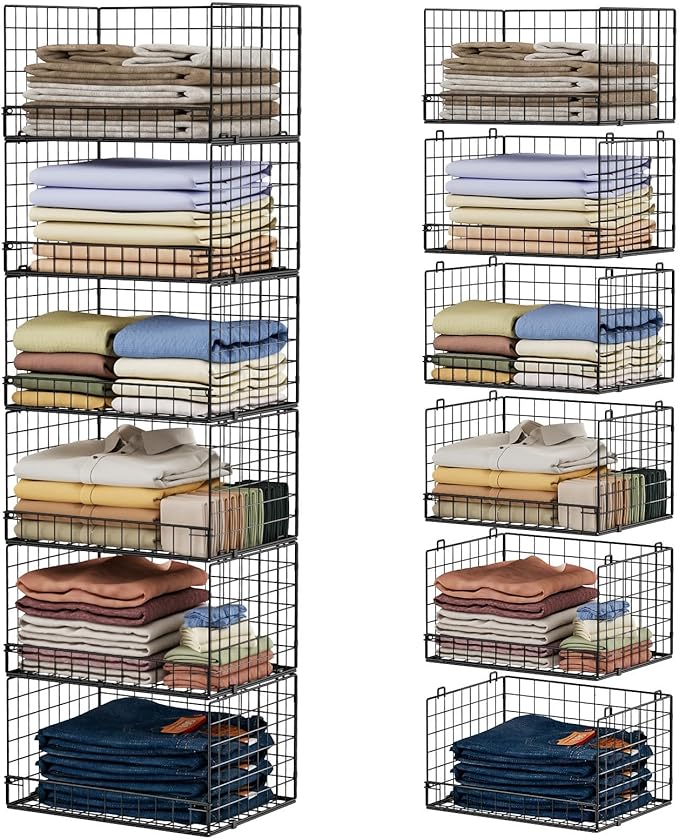 6-Tier Stackable Closet Organizers and Storage Shelves, Closet Shelf Organizer Basket Bins, Foldable Sweater Storage for Clothes Organizer System, Black（Patent Pending）
