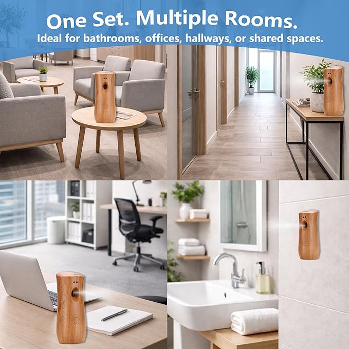 Automatic Air Freshener Spray Dispenser (2-Pack) Wall Mounted or Free Standing, Commercial and Home Use, Multiple Time Scent/Mist Release Settings for Room/Restroom Sprayer (Wood1101)