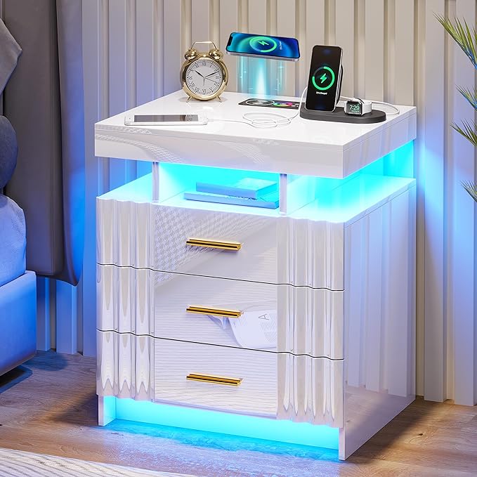 HNEBC LED Night Stand,Nightstand with Charging Station-USB+Type-C+Wireless Charging,Smart Bedside Table has Auto Sensor, High Gloss Nightstand White with 3 Drawers for Bedroom