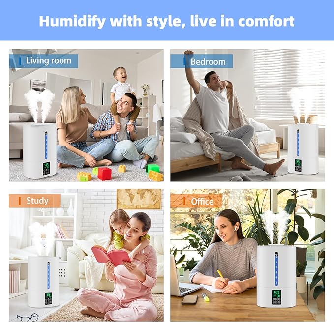 6L Humidifiers for Bedroom Large Room Home, Cool and Warm Humidifier for Baby and Plants Mist Top Fill Desk Humidifiers Essential Oil Diffuser, Quiet with Adjustable Mist,360°Nozzle-White