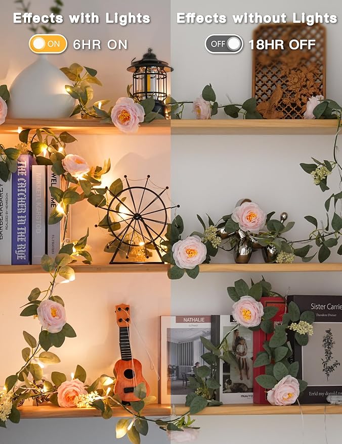 suddus Flower Garland with Pink Camellia Fairy Lights Indoor, 60 LED Vines String Lights Battery Operated with Remote, Artificial Fake Flowers Leaf Lights for Wedding,Bedroom,Centerpieces,Arch Decor