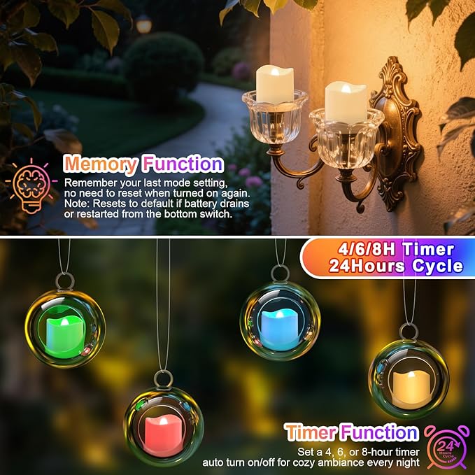 PChero Rechargeable Flameless Candles with Remote Timer & Charging Base, 12 Pack 9 Color Changing Tea Lights Battery Operated, LED Votive Candles for Halloween Pumpkin Christmas Party Home Decor