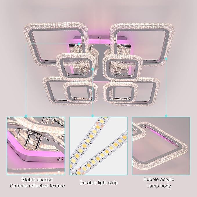STCH Modern LED Ceiling Light Dimmable,23.6” Flush Mount Ceiling Light,8 Squares Chrome Acrylic Remote Control Chandelier Lighting Fixture for Living Room Office Dining Room Kitchen Bedroom,100W