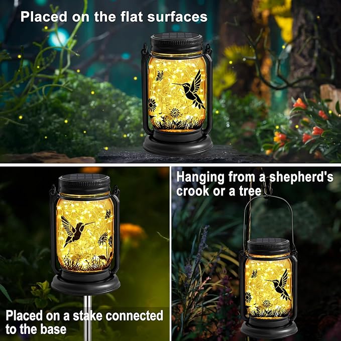 2 Pack Hummingbird Solar Outdoor Lanterns, Birthday Mothers Day Gifts for Women Mom Grandma, Vintage Glass Mason Jar Solar Fairy Lights, Waterproof Garden Lights for Patio Yard Lawn Tree
