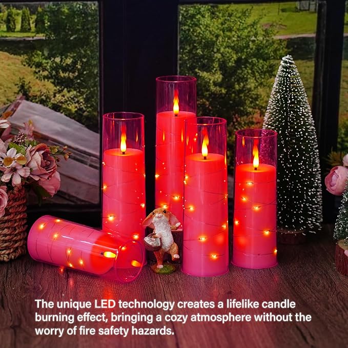 Flameless Candles with Embedded Star String, Battery Operated LED Pillar Candles with Timer and Remote Control,Home Decorating for Ambiance， Set of 7 (Pink)