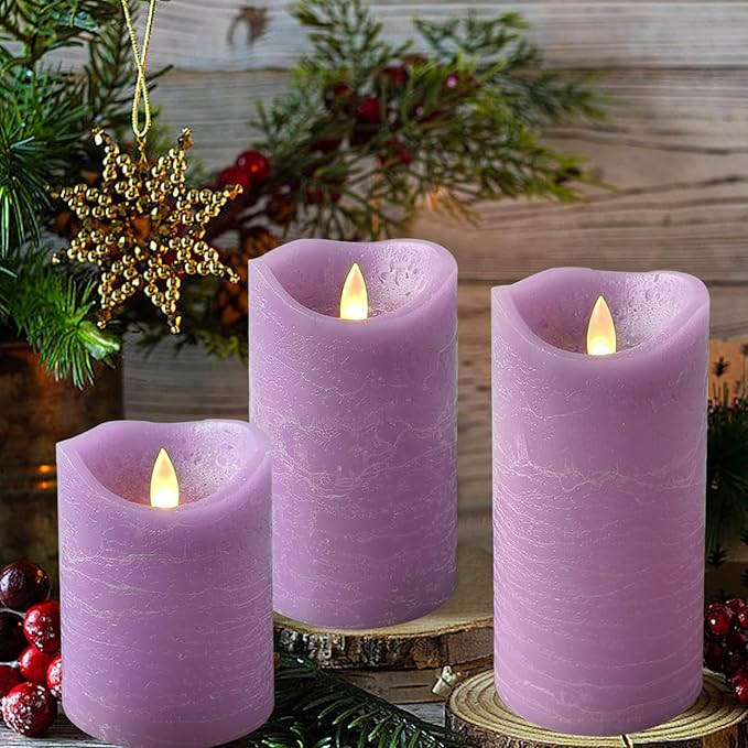 Real Wax Flameless Candles Set of 3 (D 3" x H 4" 5" 6") Battery Operated LED Candle with Timer Home Decorative Pillar Flickering Lights,Wedding Party Events Decor,Purple