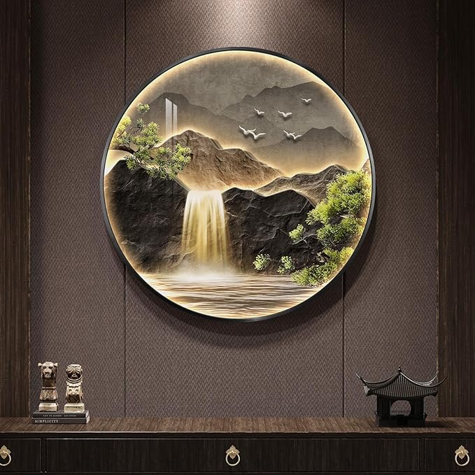 Troartos LED Mountain Waterfall Wall Art for Living Room, Framed Modern Lighted Landscape Artwork for Walls, Remote Control Lamp Green Nature Wall Decor for Bedroom, Hallway, Office, 30x30 Inch
