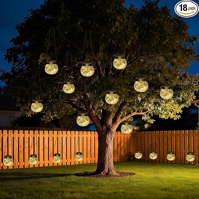 Kolpop Solar Lanterns Outdoor Waterproof 18 Pack, Hanging Solar Lights with 30 LED, Cracked Glass Hanging Globes for Garden Patio Fence Yard Christmas Tree Decoration, Warm White