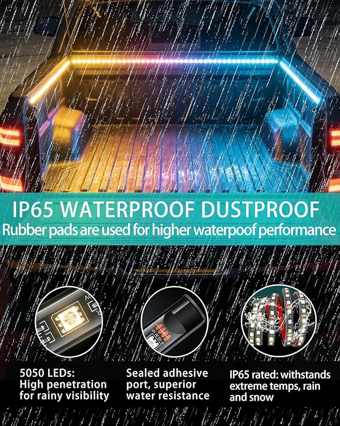 3PCS RGB Truck Bed Lights Kit - 1.5M 270pcs 5050 RGB LED Strips, 12V Remote (8 Colors/8 Brightness), 4 Flashing & 4 Music Sync Modes, IP65 Waterproof for Trucks/SUVs/RVs/Camping