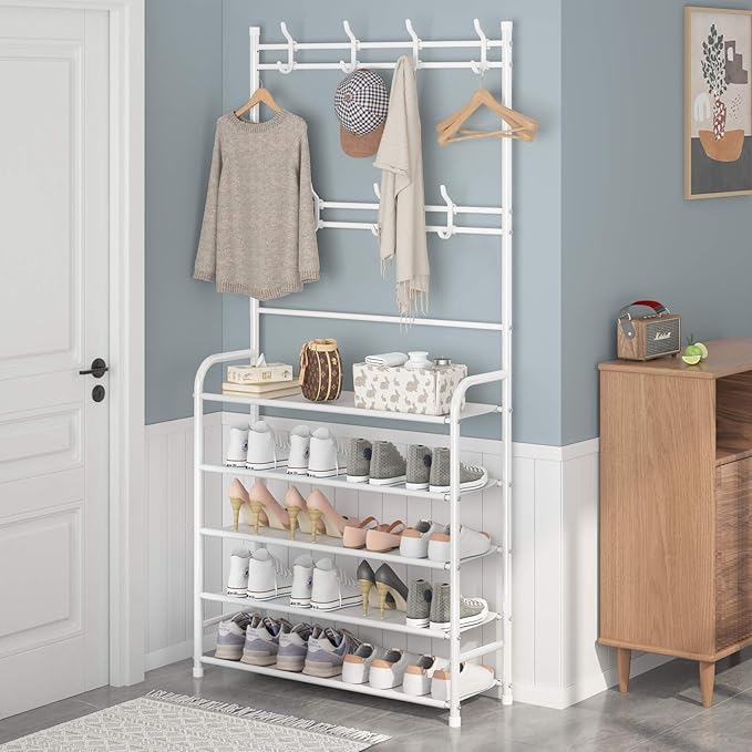 UDEAR Entryway Coat Rack,3-in-1 Hall Tree Multifunctional Storage Shelf with 5-Tier Shoe Bench and 8 hooks,20-25 Pairs of Shoes,Easy Assembly,for Entrance Foyer Bedroom Barthroom,White
