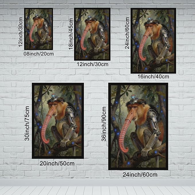 Framed Steampunk Mechanical Proboscis Monkey Wall Art - Jungle Neon Retro Poster for Apartment Leisure Area Decor 24x36in