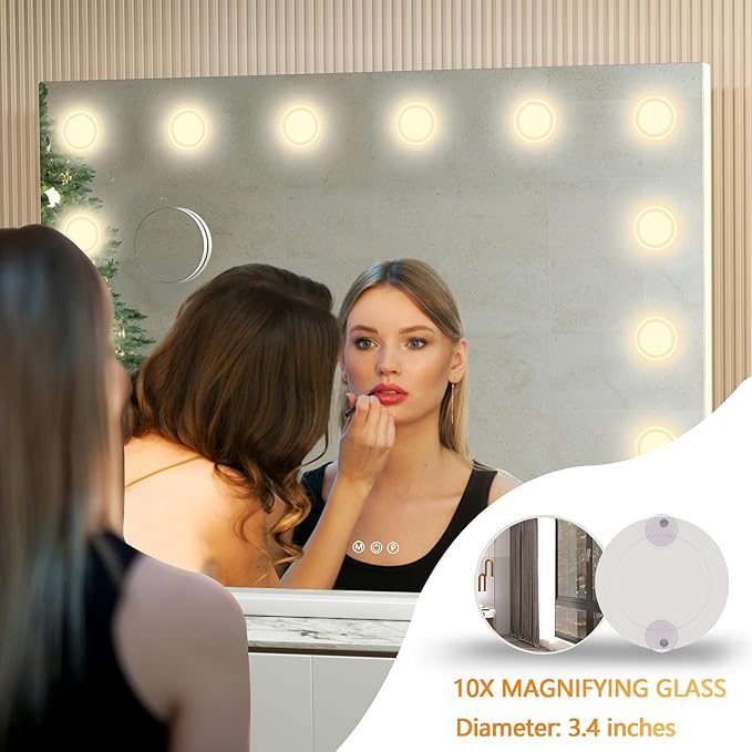 Hasipu Vanity Mirror with Lights, 32" x 24" Makeup Mirror, Light up Mirror with 14 Dimmable LED Lights and 10X Magnification, 3 Colors Modes, Touch Control, USB Charging Port, White