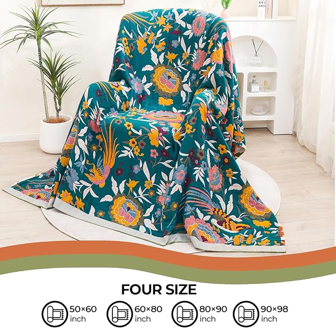 Boho Throw Blanket for Bed Couch 100% Cotton Ultra Soft Large Rustic Quilt King Blanket,Bird Floral Printed Farmhouse Bed Blankets 90"×98", Decorative Reversible Muslin Bed Cover for All Seasons