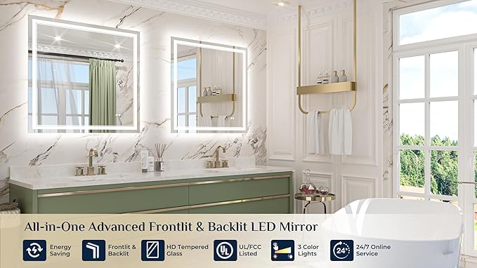 Keonjinn 36" x 36" Square Bathroom Mirror with Lights, Frontlit & Backlit LED Mirror, Safe Tempered Glass, 3 Color Lights, Dimmable, Defogging, Smart Bathroom Vanity Mirror for Wall