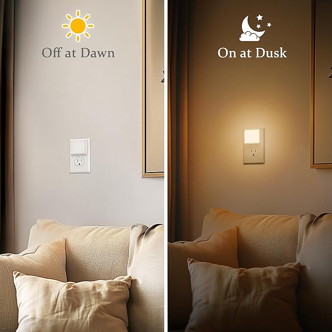 JandCase LED Night Lights - 2 Pack, Soft White Night Lights with Dusk-to-Dawn Sensor for Bedroom, Bathroom, Stairs, Hallway