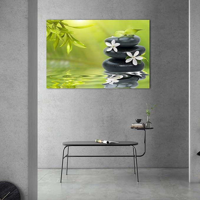 GUTTATY Zen Wall Art Decor, Modern Bathroom Zen Decor Wall Art, Canvas Wall Art for SPA Zen Room Decor, Green Bamboo Leaves and Pebble Relaxing Zen Art Prints for Office & SPA Wall Decor 28x40 Inches