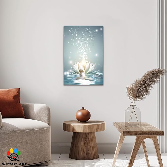 Zen White Lotus Flower Canvas Wall Art, Lotus Flower Pictures Bathroom Zen Print, Spiritual Water Lily Canvas Prints, Lotus Bloom on Water Poster, Zen Calm Relax Artwork for Yoga Spa Room 12x18 inch