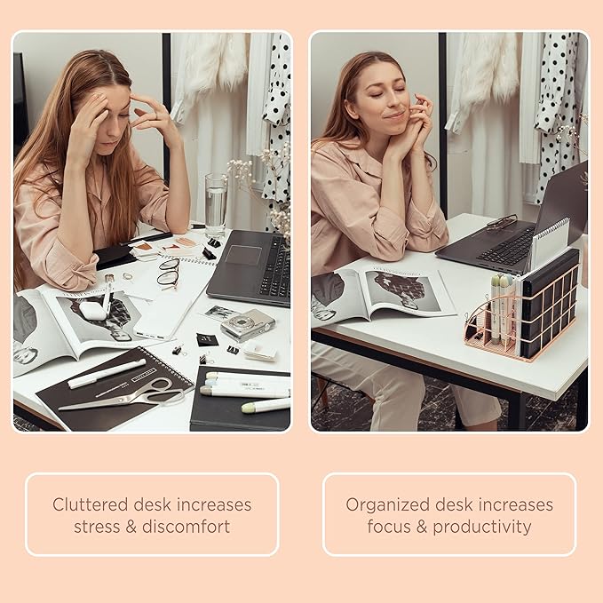 Rose Gold Desk Organizer for Women Cute Home Office Accessories & Supplies Decor, Girly Desktop Stationary Essentials Organization Set, Mesh Caddy Storage 5 Compartments +1 Mini Sliding Drawer
