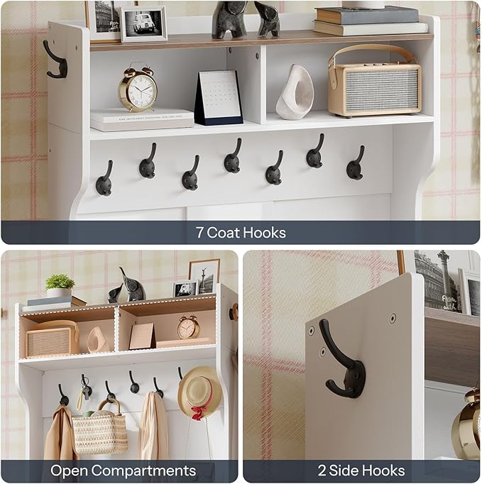 HOOBRO Hall Tree with Bench, 15.7''W Entryway Bench with Coat Rack, Shoe Cabinet with Flip Drawer, LED Hall Tree with 9 Hooks and 2 Open Compartments, Wooden, for Hallway, White and Walnut WH86DMT01