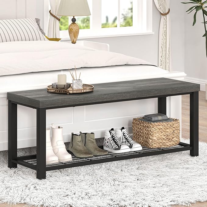 EXCEFUR Entryway Bench, Industrial Metal and Wood Storage Bench for Living Room, Indoor Shoe Rack Bench Seat, 43.3 Inch Grey
