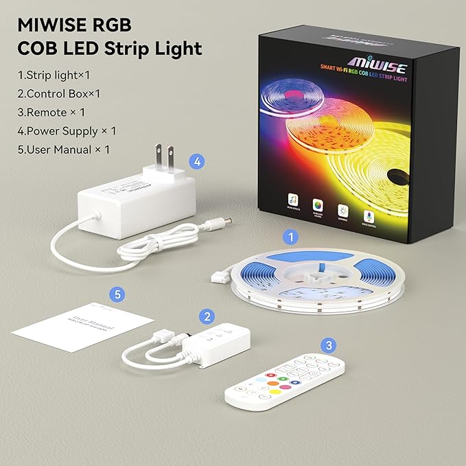 MIWISE RGB COB LED Strip Light 32.8ft/10m,Color Changing Dimmable Super Bright Strip Light 24V,Work with Alexa/Google Assistant/Tuya Multicolor Flexible Tape Light,for TV,Bedroom,Party DIY Decoration