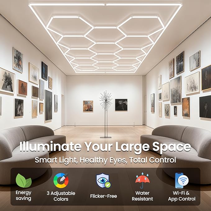 Hexagon LED Lights, Dimmable Hexagon Garage Lights, 3 Color Temperature 6500K/4500K/3000K, Hex Light with WiFi Smart Switch, Aluminum LED Lighting for Garage Gym Barber Auto Detailing Shop Car Dealer