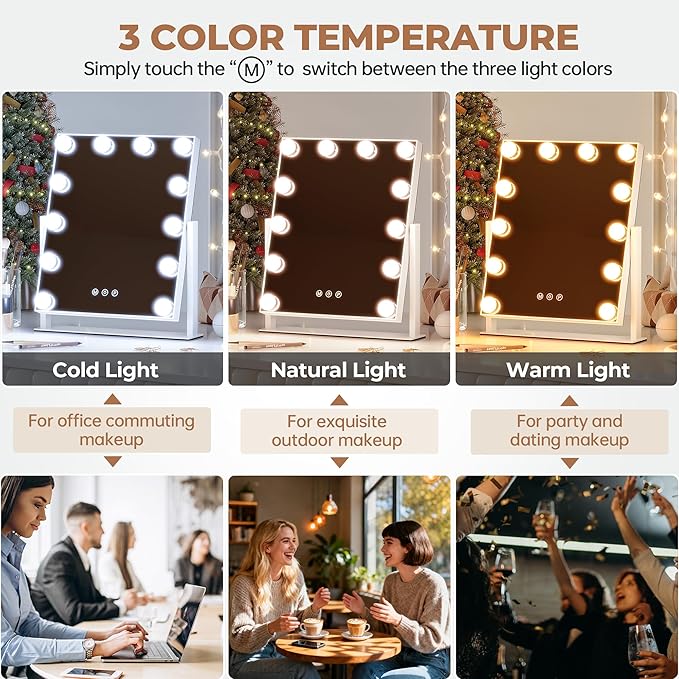 Vanity Mirror with Lights, 12 Bulbs Makeup Mirror with Smart Touch Control, 3-Color Dimmable Lighting, 360° Rotation