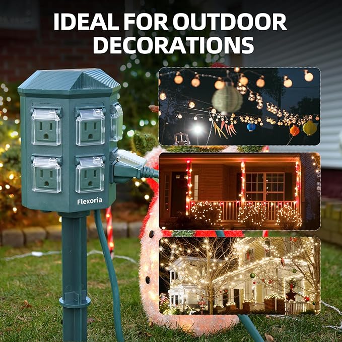 Outdoor Power Stake Timer, Remote Control Dusk to Dawn Light Timer, 100 FT Extension Cord Waterproof, 6 Grounded Outlets for Graden and Yard Decorations, ETL Listed