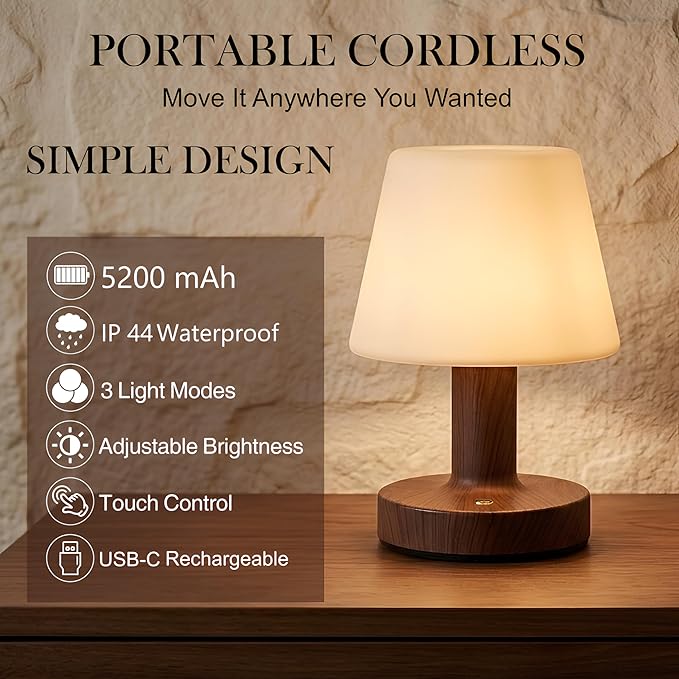 Cordless Table Lamp, Rechargeable Table Lamp, Waterproof Shower Lamp, 5200mAh Small Table Lamps, 3-Color Dimmable Touch Light, Portable Outdoor and indoor table lamp, Bedside night light (Dark Wood)