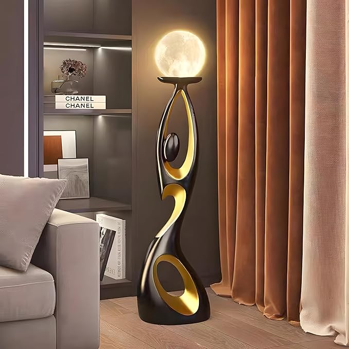 Bofea-Mid Century Modern Floor Lamp,Unique Corner Decorative Reading Standing Light,Rechargeable Moon Standing Lamp Or Resin Creative Stylish Decor Lamps for Living Room,Bed Room. (Black)