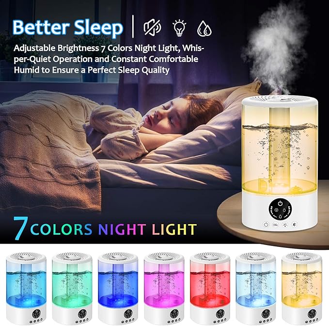Cool Mist Humidifier, Ultrasonic Humidifiers for Bedroom Baby, 3L Large Humidifier w/Remote Control, 7 Colors Night Light 6 Dimmer Adjustable Mist Levels, Timer, Auto Shut-Off for Large Room, White