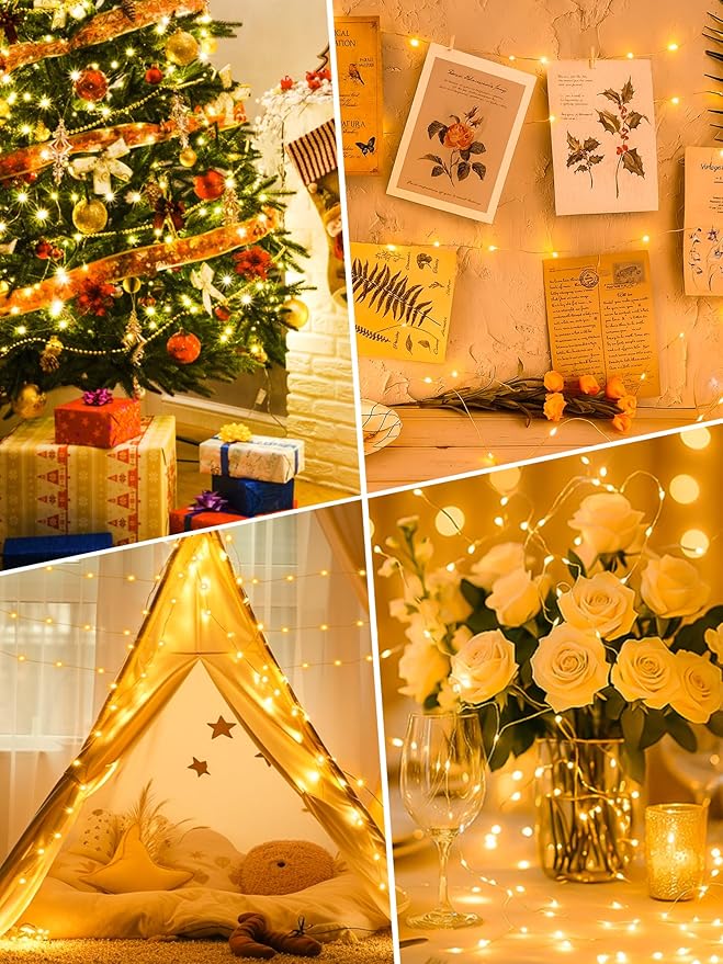 btfarm Fairy Lights Battery Operated with Timer 8 Modes, 16.4 FT 50 LED Silver Wire Twinkle String Lights Battery Powered Dimmable Waterproof for Indoor Home Party Wedding Christmas Decor, Warm White