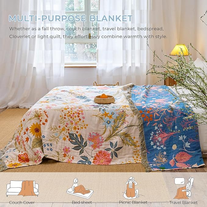 Queen Size Throw Blanket for Bed 100% Cotton Boho Oversized Soft Cozy Muslin Quilt Blanket Double Bird and Florals, Vintage Farmhouse Cottage Woven Blankets for Bedding Couch,Colorful Floral,80"×90"