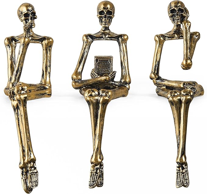 XINXUAN Halloween Decorations Skull Statue Home Decor - Modern Bookshelf & Desk Decor - 3 Piece Set (Retro - Gold)