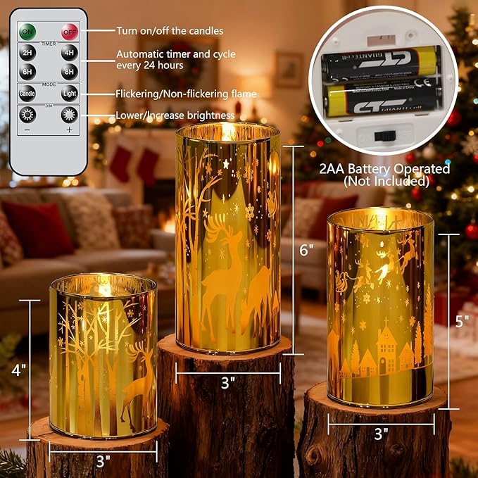 Wondise Christmas Gold Reindeer LED Flameless Candles with Remote Timer, Electroplate Glass Battery Operated Real Wax Flickering 3D Wick Pillar Candles for Christmas Holiday Home Decoration