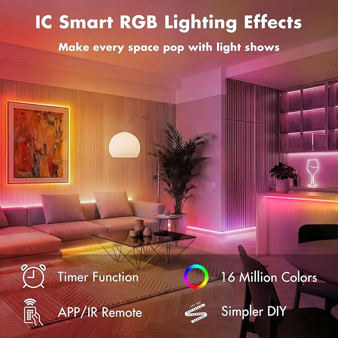 IC Smart RGB LED Strip Lights, 200FT LED Lights for Bedroom, App Control/Remote Control, Music Sync, DIY Design, Rainbow Chasing Effects, Strip Lights for Home, Party Decor