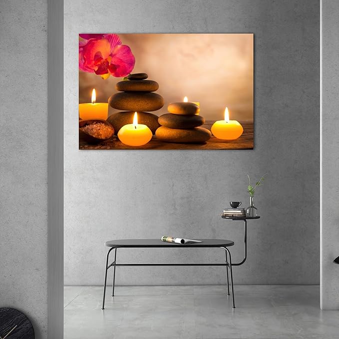 Zen Wall Art Decor, Modern Bathroom Zen Decor Wall Art, Large Zen Relaxing Canvas Wall Art for Spa Room Decor, Black Pebble and Lighted Candles Zen Art Prints for Office & Spa Wall Decor 28x40 Inches