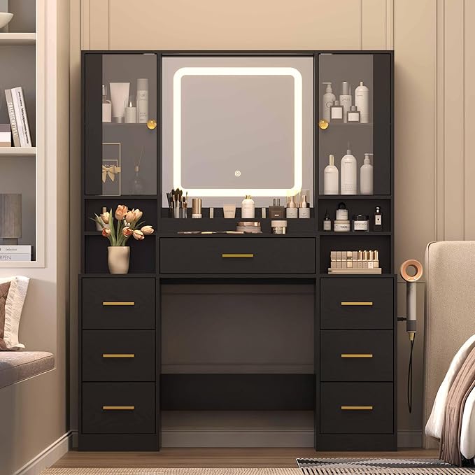 Black Makeup Vanity Desk with Mirror & Lights, Modern Vanity Table with Charging Station, 7 Drawers, Glass Cabinet, Adjustable Shelves, Bedroom Dressing Table Set for Women & Girls