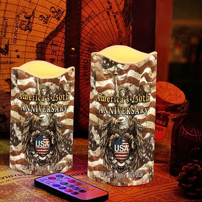 250th Anniversary Electric Candles American Flag Stars Pattern Flameless Candle Fourth of July LED Lights Flickering with Timer Decorations for Fireplace Living Room, 4 Pack