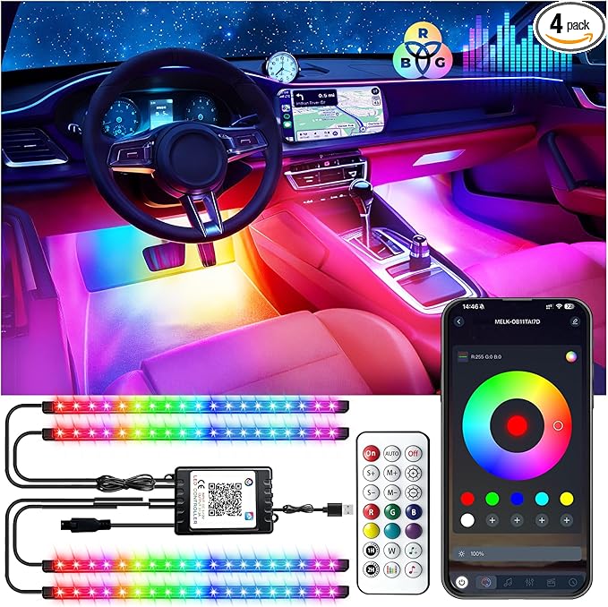 Car LED USB Interior Strip Lights with RF Remote Control, Dream RGB Color Car Ambient Lighting APP Control, Multicolor Footwell Under Dash Chasing Inside Light Kits for Cars ATV Truck, DC12V