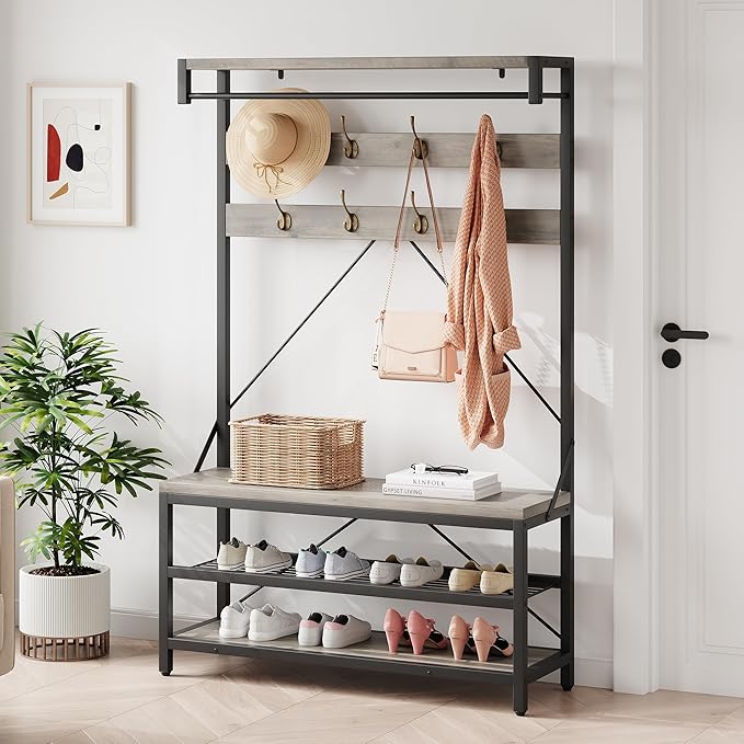 IDEALHOUSE Coat Rack Shoe Bench Industrial Hall Tree Storage Bench for Entryway Wood Look Accent Large Shoe Rack with Storage Shelf Hanging Bar,8 Hooks Grey 39.9"x15.7"x72"
