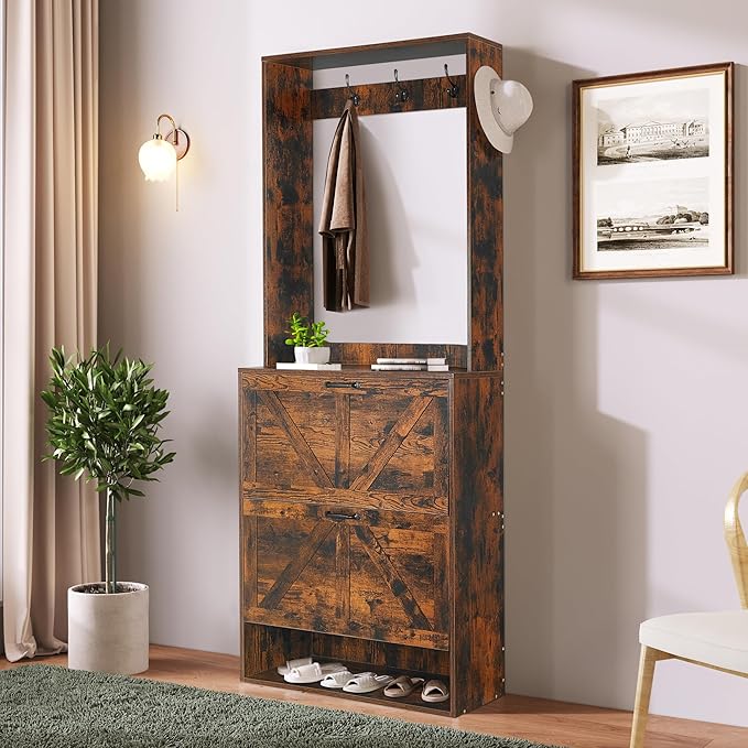 Betoko Hall Tree with Shoes Storage,Farmhouse Corner Coat Rack with 5 Coat Hooks, Wooden Entryway Tree Cabinet with 2 Shoes Cabinets for Hallway Mudroom, Brown