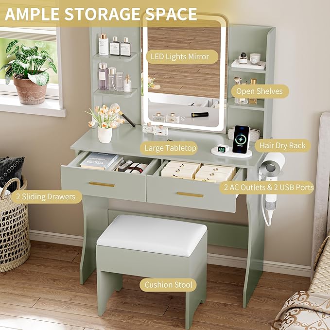 Vanity Desk with LED Lights Mirror & Power Outlet, Small Makeup Vanity Table Set with Storage Drawers & Chair, 3 Lighting Modes & Adjustable Brightness, Dressing Table for Women Girls Bedroom, Green