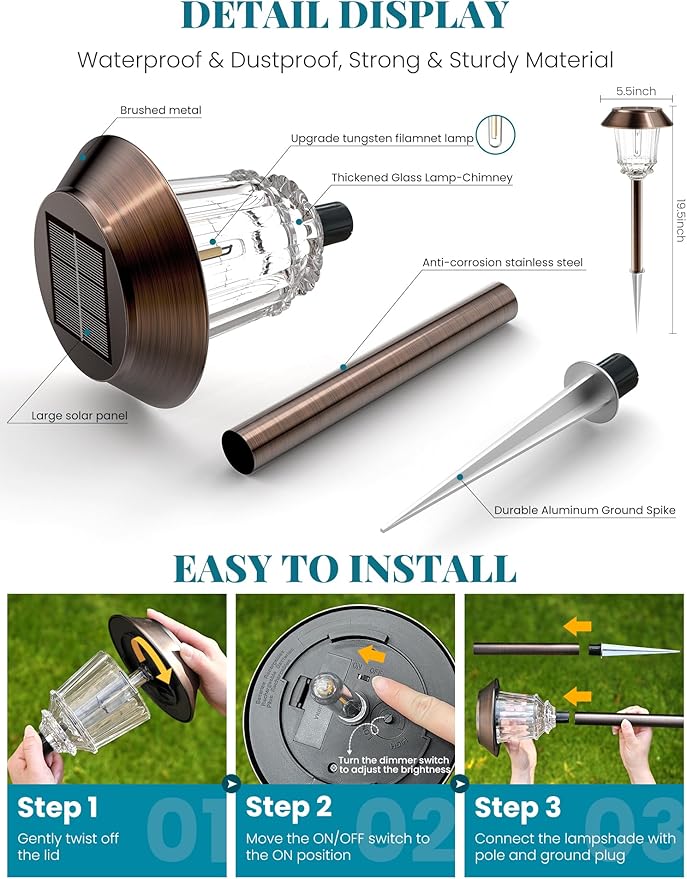 Solar Lights Outdoor Waterproof,6 Pack Bronze Pathway Lights with 10-40 LM Dimmable Glass and Metal, Solar Powered Garden Fall Decor for Yard,Patio,Pathway,Driveway(Warm White)
