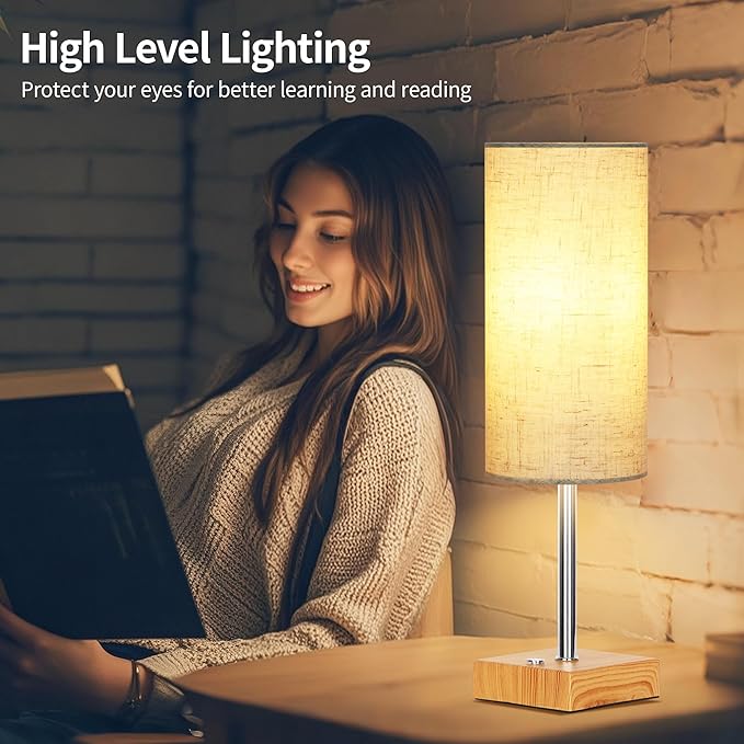 Cordless Table Lamp with Dimmable, Rechargeable 3 Modes Battery Powered Bedside Lamp, rv Essentials Battery Operated Lamps, Touch Lamp for Bedroom, Living Room, Reading Room,15 Inch Beige wood 2PK