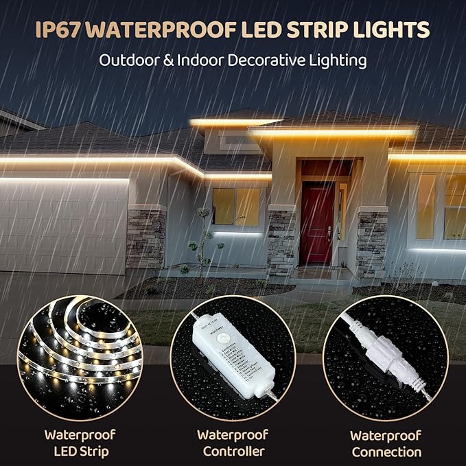 HOUHUI Outdoor White LED Strip Lights Waterproof, 65.6Ft 2700K-6500K Warm to Cool White LED Light Strip with Remote, Tunable White LED Tape Lights IP67 Waterproof for Bedroom Kitchen Backyard RV Patio