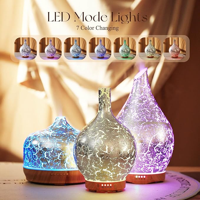Porseme Silver Plated Essential Oil Diffuser Glass Aromatherapy Ultrasonic Humidifier Cool Mist, Auto Shut-Off,Timer Setting, BPA Free for Home Hotel Yoga Leisure SPA Office Premium Gift 150ml