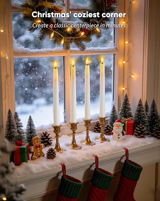 Homemory 6 Pcs Waxy Flameless Taper Candles with Remote, Led Candlesticks Classic Tall Candle, Flickering Battery Operated Taper Candles for Bedroom, Dining Room, White, 9.6 inches