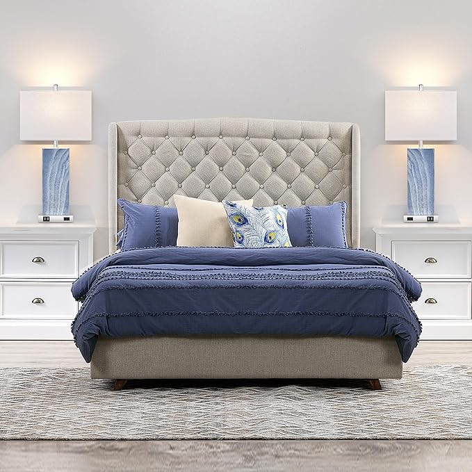 Touch Control Table Lamps with White Fabric Shade Set of 2, 3-Way Dimmable Modern Ceramic Blue Nightstand Bedside Lamp with 2 USB Ports 1 AC Outlet for Living Room, Bedroom (LED Bulbs Included)