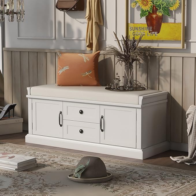 Entryway Storage Bench with Drawers & Cabinets — Cushioned Shoe Storage Bench for Hallway, Mudroom, or Living Room, Solid Wood Frame (White)